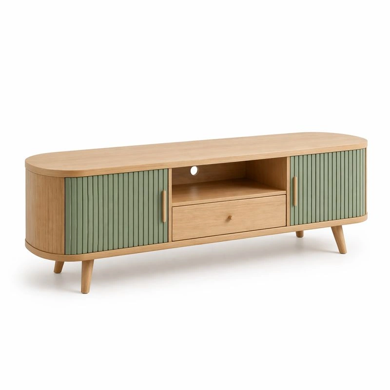 Mueble TV madera natural con puertas verdes-selviao